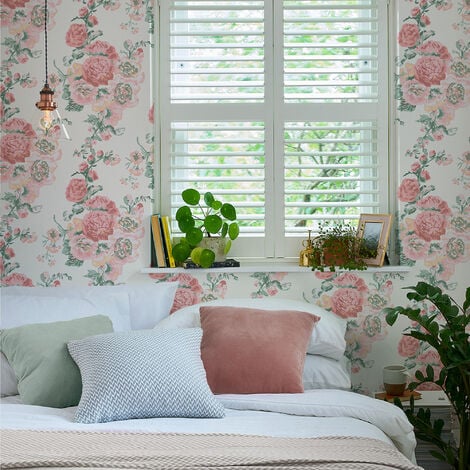 Papier peint intissé Laura Ashley Hollyhocks Coral 1005 x 52cm Rose, vert