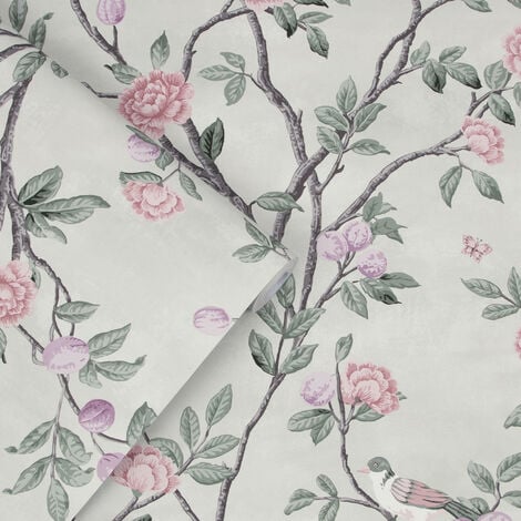Papier peint intissé Laura Ashley Eglantine Eau de Nil 1005 x 52cm Vert pâle, rose
