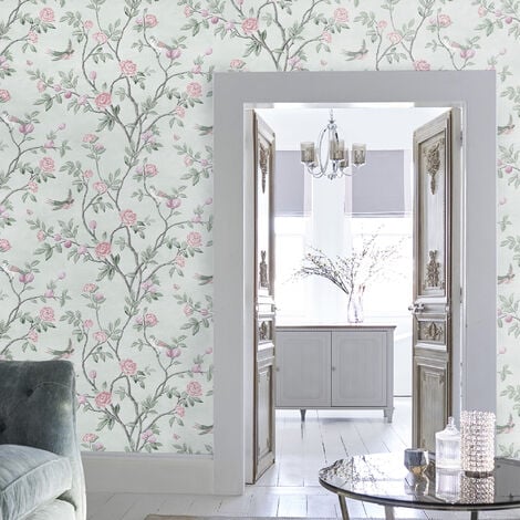 Papier peint intissé Laura Ashley Eglantine Eau de Nil 1005 x 52cm Vert pâle, rose