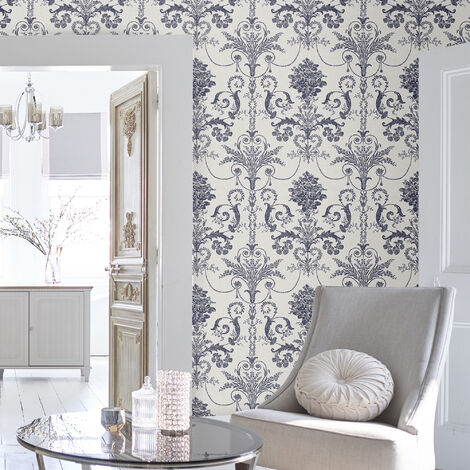 Papier peint intissé à motif damassé – Ecru et bleu nuit – Largeur 52cm – Raccord droit 64cm – Entretien facile avec éponge humide – Laura Ashley