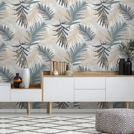 Papier peint intissé Jungle glam 10,5m x 52cm – Motif feuillage bleu/vert, gris, beige – Pose facile sans table à tapisser – Épongeable – Boutique