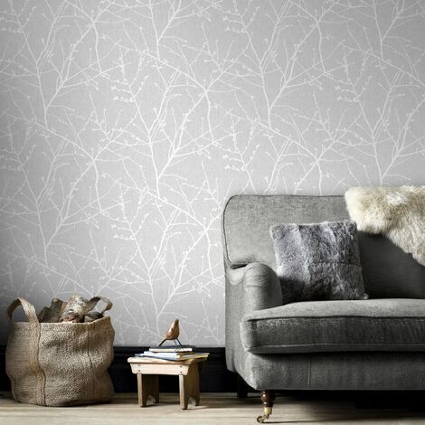 Papier peint intissé vinyle grainé 1005 x 52 cm – Motif branchages sur fond gris doux – Lavable et arrachable à sec – Raccord sauté 64 cm – Superfresco Easy