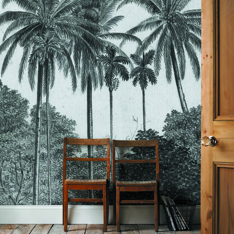 Papier Peint panoramique Palmiers Gravure 280 x 200cm Gris, Noir