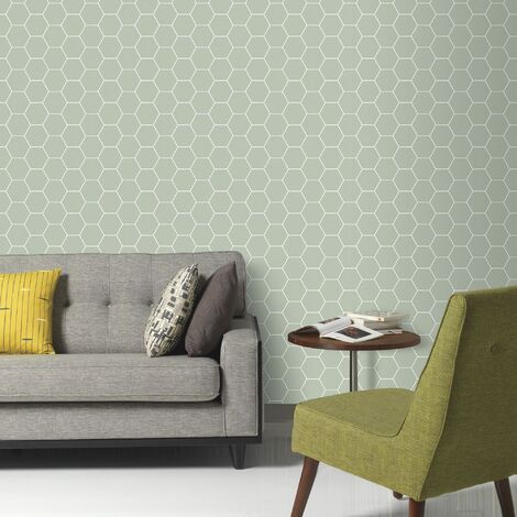 Papier peint intissé Quadrillage en Hexagone 1005 x 52cm Vert