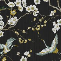 Papier peint intissé Oiseaux Japonais 1005 x 52cm Noir, Vert