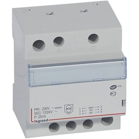 Legrand – Transformateur de sécurité 230V vers 12V/24V – 25VA – 4 modules – Montage sur rail – Protection contre surcharge