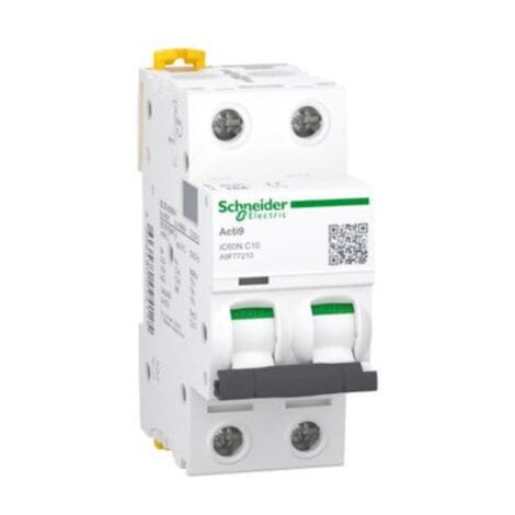 Schneider Electric – Disjoncteur bipolaire 2P 10A courbe C – Pouvoir de coupure 36 kA – Isolation 500V – A9F77210