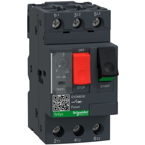 Schneider Electric – Disjoncteur moteur magnéto-thermique GV2ME08 – 3P – Réglage thermique 2,5 à 4A – Protection moteur triphasé jusqu'à 1,1 kW
