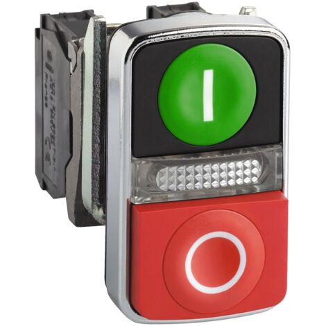 Schneider Electric – Poussoir double touche Ø22 avec voyant lumineux jaune 24V – Ressort à rappel vert et rouge – IP66 – XB4BW73731B5 (1/2)