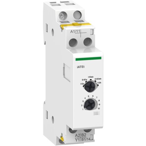 Schneider Electric – Contacteur auxiliaire de temporisation 24-240V – Courant max 3A – Réglage 1-36000s – Compatible Acti9 – A9C15419