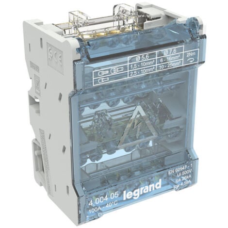 Répartiteur modulaire monobloc tétrapolaire à bornes - 100A - 7 connexions par barreau - 4 modules