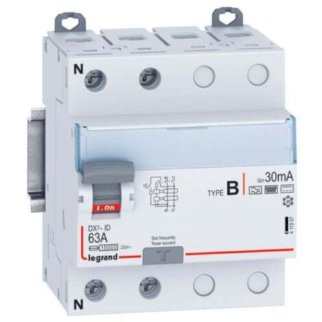 Interrupteur différentiel DX³-ID arrivée haute et départ bas par bornes à vis - 2P 230V 63A TypeB 30mA - 4 modules - LEGRAND
