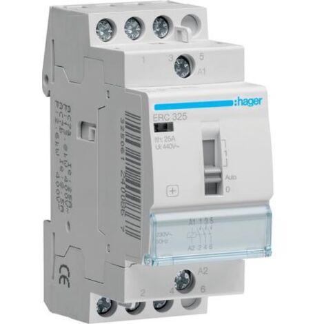 Hager – Contacteur pour tableau électrique 25A – 3 contacts à fermeture – Tension 230V – Courant nominal 25A – Charge max. 3000W - ERC325