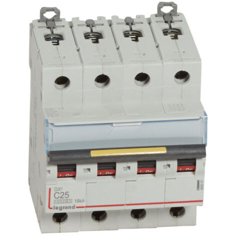 Disjoncteur DX³10000 16kA arrivée haute et départ bas à vis 4 Pôles 400V 25A courbe C 4 modules LEGRAND 409357