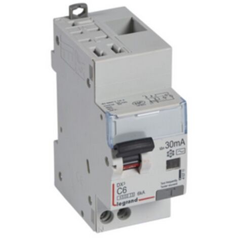 Disjoncteur différentiel DX³4500 arrivée haute automatique départ bas à vis U+N 230V 6A type AC 30mA 2 modules LEGRAND 410711 (1/2)