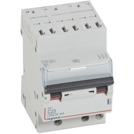 Disjoncteur DX³4500 6kA arrivée haute et sortie basse bornes à vis tripolaire 400V 25A courbe C 3 modules LEGRAND 406903 (1/2)