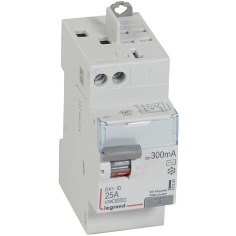 Interrupteur différentiel DX³-ID arrivée vis et départ automatique 2 Pôles 230V 25A type AC 300mA 2 modules LEGRAND 411634