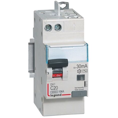 Disjoncteur différentiel monobloc DX³6000 10kA arrivée vis départ automatique U+N 230V 20A type AC 30mA LEGRAND 410806 (1/2)