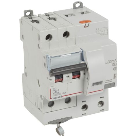 Legrand – Disjoncteur bipolaire 63A courbe C 30mA type AC – Détection défauts alternatifs – Arrivée par le haut à vis – 6kA