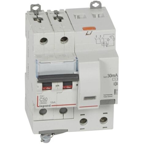 Disjoncteur différentiel monobloc DX³6000 10kA vis 2 Pôles 400V 50A type AC 30mA LEGRAND 411163 (1/2)