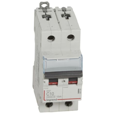 Disjoncteur DX³6000 arrivée haute et départ bas à vis 2 Pôles de 230V à 400V 10A courbe C 2 modules LEGRAND 407782