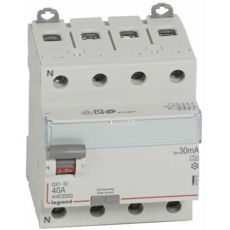 Interrupteur différentiel DX³-ID arrivée haute et départ bas à vis 4 Pôles 400V 40A type A 30mA 4 modules LEGRAND 411675
