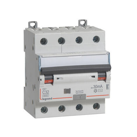 Disjoncteur différentiel monobloc DX³6000 10kA arrivée haute et départ bas à vis 4P 400V - 32A - typeAC 30mA - 411189 - LEGRAND