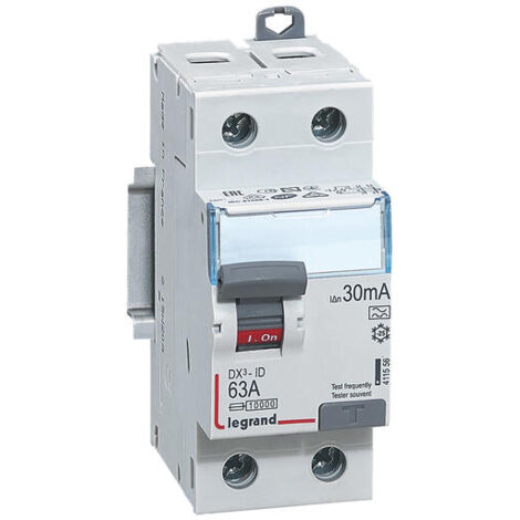 Legrand – Interrupteur différentiel bipolaire 2P 230V 63A type A 30mA – Protection circuits spécialisés – Arrivée haute et départ bas à vis – 2 modules