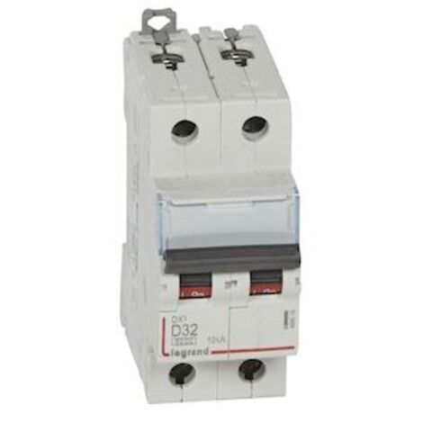 Legrand – Disjoncteur bipolaire 32A – Courbe D – Pouvoir de coupure 10kA – Connexion par bornes à vis – Installation sur rail DIN