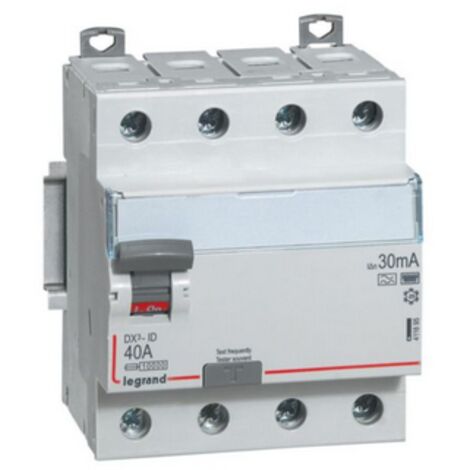Interrupteur différentiel DX³-ID arrivée haute et départ bas à vis 4 Pôles 400V 40A type F 30mA 4 modules LEGRAND 411695