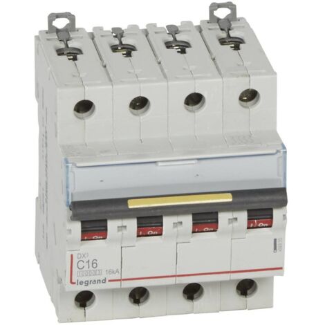 Disjoncteur DX³10000 16kA arrivée haute et départ bas à vis 4 Pôles 400V 16A courbe C 4 modules LEGRAND 409355