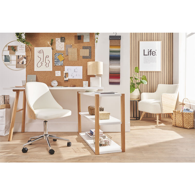 Chaise de bureau à roulettes design blanc, bois clair et acier chromé  HANSEN - Miliboo