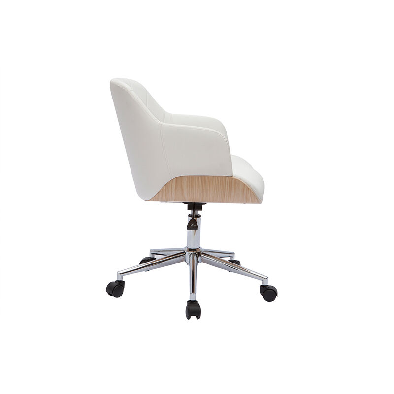 Chaise de bureau à roulettes design blanc, bois foncé noyer et acier chromé  BENT - Miliboo
