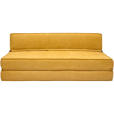 Miliboo – Fauteuil convertible 2 places en tissu effet velours jaune moutarde – Dimensions L132 x P81 x H51 cm – Mousse densité 25 kg/m³