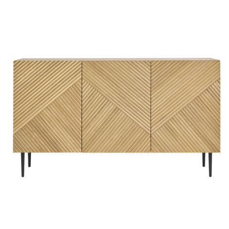 Buffet design en bois clair chêne massif gravé et métal noir 3 portes L135 cm ARCHIPEL (1/5)