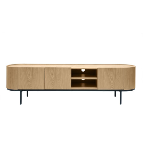 Miliboo – Meuble TV plaqué chêne clair et métal noir – L180 cm – 2 niches ouvertes et 2 niches fermées – Passe-câbles inclus (1/5)