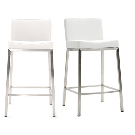 Miliboo – Tabourets de bar blancs H66 cm – Lot de 2 – Assise rembourrée en polyuréthane – Structure en acier inoxydable brossé (1/6)