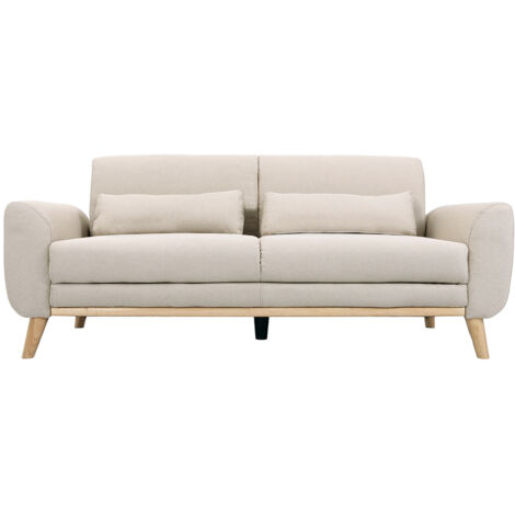 Miliboo – Canapé droit 3 places en tissu beige – Structure en eucalyptus et pieds en hévéa massif – Confort optimal avec mousse 24 kg/m³