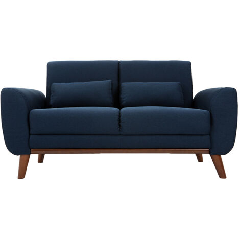 Miliboo – Canapé droit 2 places en tissu bleu foncé – Pieds en hévéa teintés noyer – Dimensions L145 x P74 x H79 cm – Confort optimal avec coussins