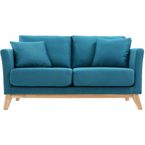 Canapé scandinave déhoussable 2 places en tissu bleu canard et bois clair OSLO