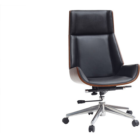 Fauteuil de bureau de direction design noir, bois foncé noyer et acier chromé CURVED (1/5)