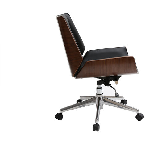 Chaise de bureau à roulettes design noir, bois foncé noyer et acier chromé  CURVED
