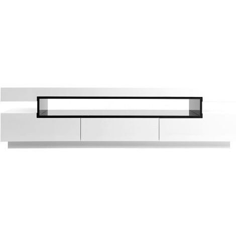 Miliboo – Meuble TV blanc laqué 200 cm – 3 niches L136 x P50 x H18.5 cm – 3 tiroirs L59 x P38 x H10 cm – Design moderne et épuré (1/5)