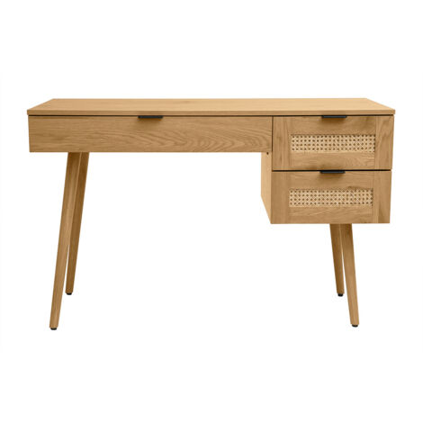 Miliboo – Bureau droit 120 cm en bois clair et cannage rotin – 3 tiroirs – Pieds en chêne massif – Design épuré pour intérieur moderne (1/5)