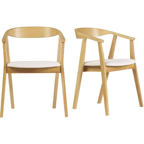Miliboo – Chaises scandinaves en bois clair – Tissu effet laine bouclée blanc – Lot de 2 – Dossier circulaire et accoudoirs – Dimensions L58 x P49 x H77 cm (1/5)