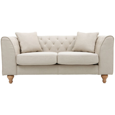 Miliboo – Canapé droit 2 places capitonné en tissu beige – Longueur 148 cm – Dossier haut pour maintien – Pieds en bois clair (1/7)
