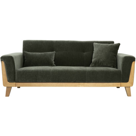 Canapé scandinave 3 places en tissu effet velours vert kaki et bois clair FJORD (1/5)