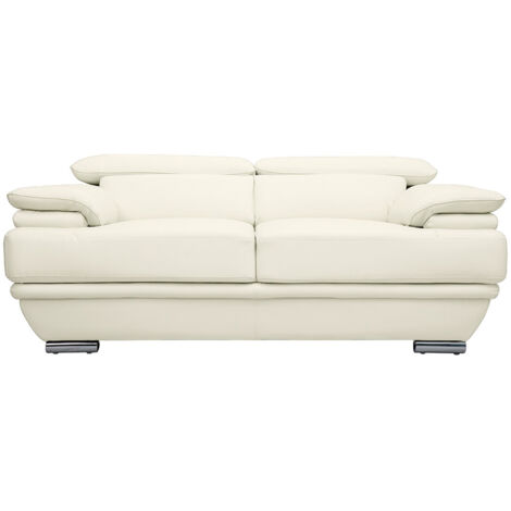Miliboo – Canapé droit 2 places cuir pleine fleur blanc – Têtières ajustables – Structure en bois d'eucalyptus – Pieds en métal chromé – L177 x P97 x H70-90 cm