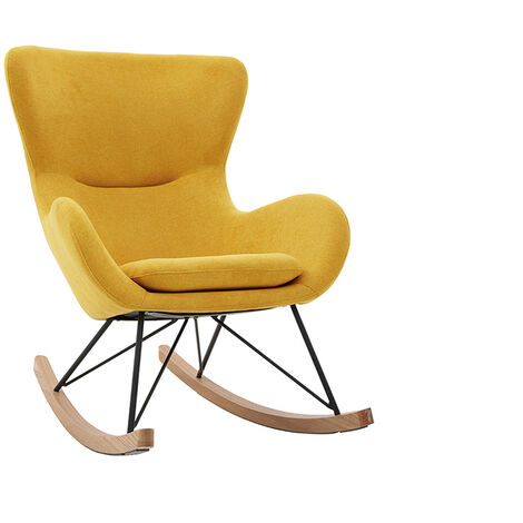 Rocking chair scandinave en tissu effet velours jaune moutarde, métal noir et bois clair ESKUA (1/5)
