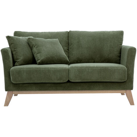 Canapé scandinave déhoussable 2 places en tissu velours côtelé vert kaki et bois clair OSLO (1/4)
